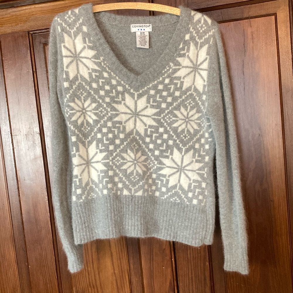 Covington Women’s Sweater Size M Grey White Rabbit Hair Wool Blend Fair Isle